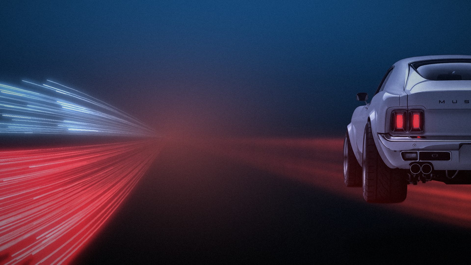 Mustang clásico blanco de noche con estelas de luz roja y azul